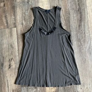 GAP Pima Modal Tank Smoky Dark Grey Slate Gray Blue Beaded Flowy Top Small